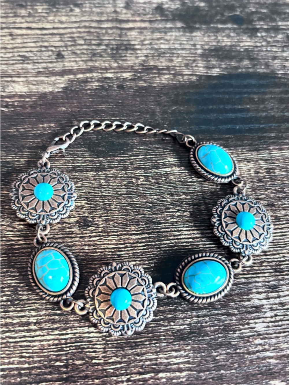 paparazzi Turquoise Stone Silver-Tone Floral Adjustable Link Bracelet